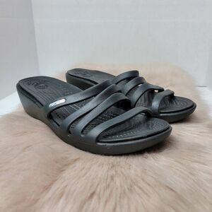 Crocs Women's Rhonda Black Strappy Wedge Sandals Shoes Size 7